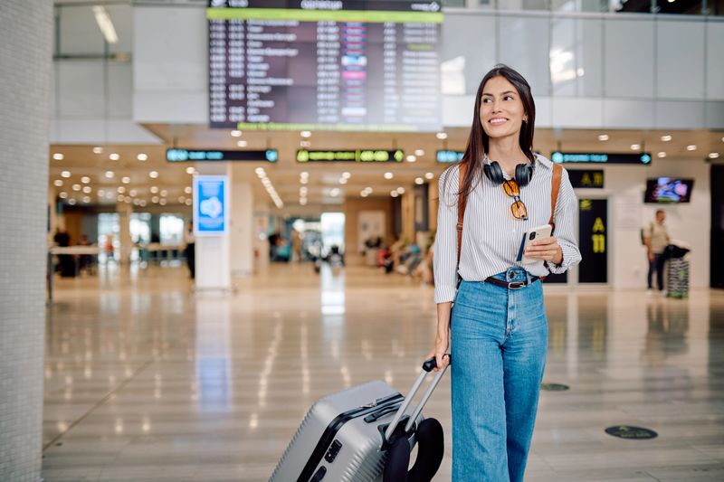 Happy tourist is walking through airport terminal pulling suitcase, holding smartphone and passport, checking her flight information