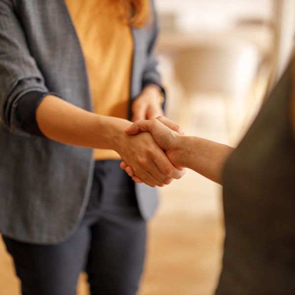 Two people shaking hands in a professional setting.