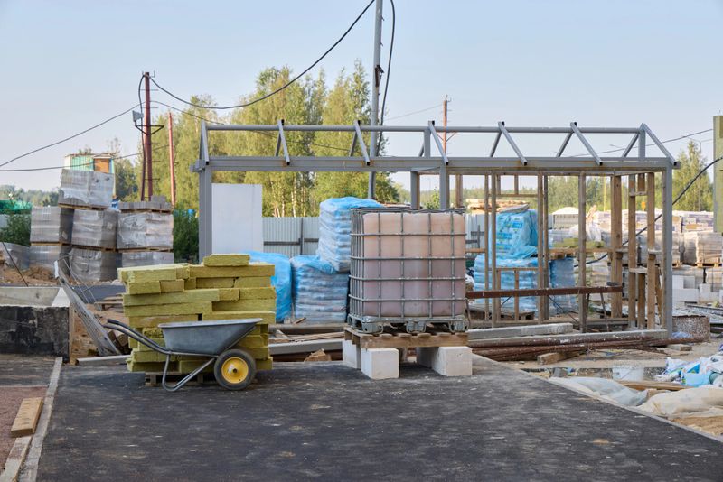 A busy construction site with building materials and equipment showing ongoing progress on a new structure