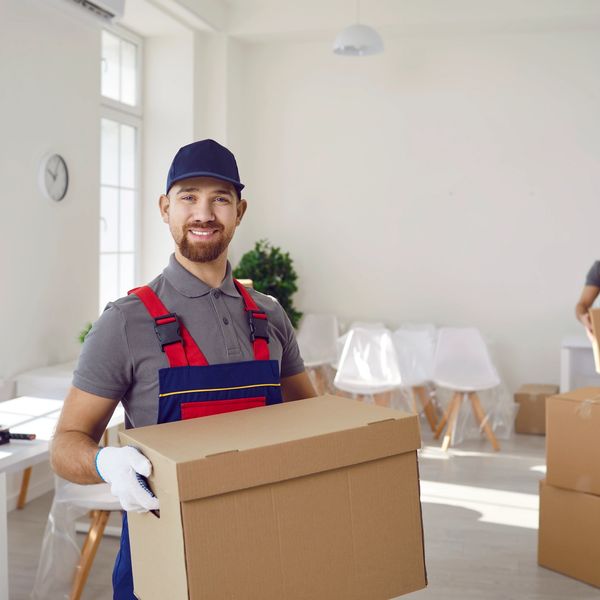 Smiling mover holding a cardboard box indoors.