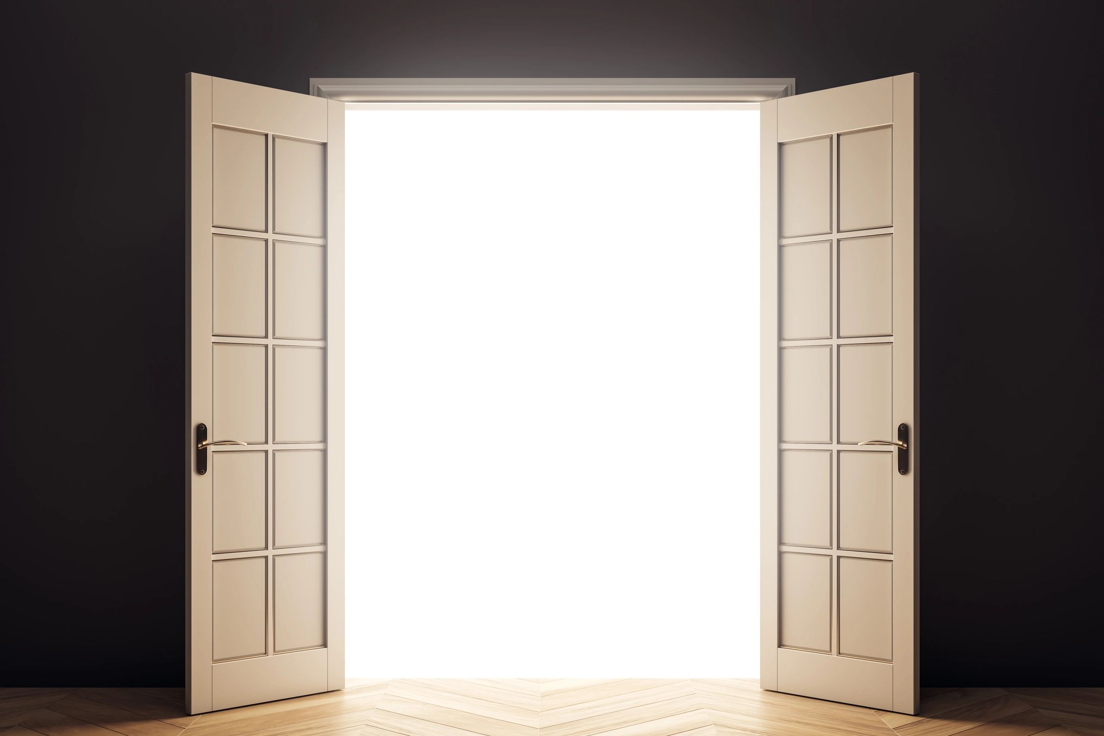 Open double doors with bright light shining through.