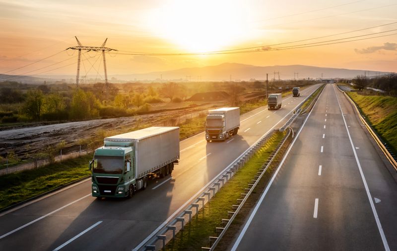 Convoy of green trucks with grey containers on a highway, cargo transportation concept  - freight service, with a dramatic sunset sky in background