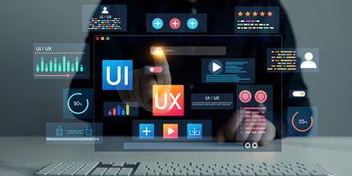 Person interacting with futuristic UI/UX digital interface and data charts.