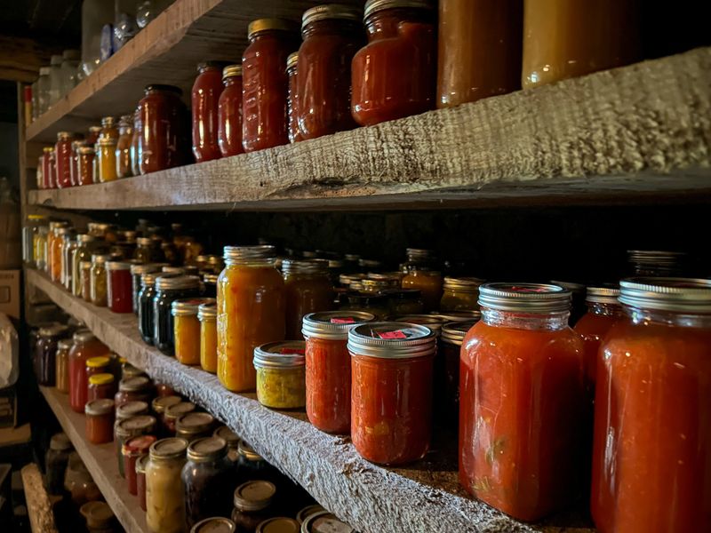 Shelves in a cellar full of colourful preserved food in jars.