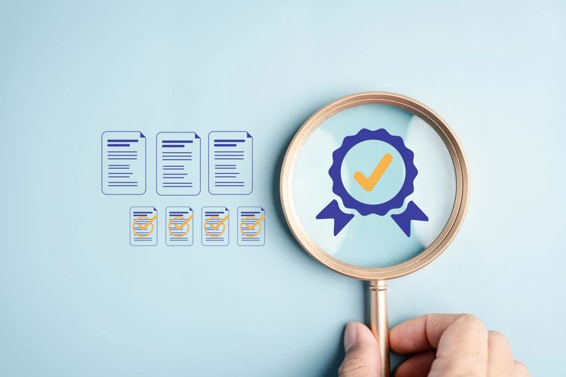 Quality document check verification process with a magnifying glass focusing on approved documents and certification symbol, illustrating inspection, audit, and compliance concept.