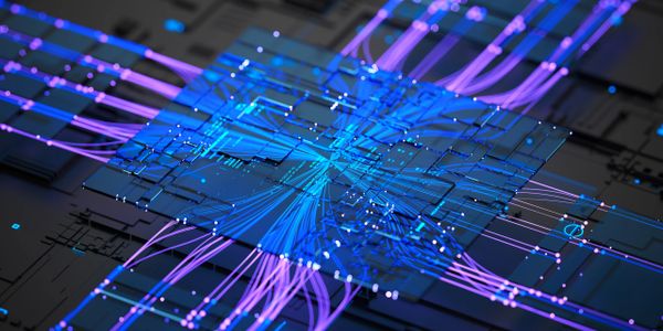 Futuristic glowing microchip with blue and purple circuit lines.