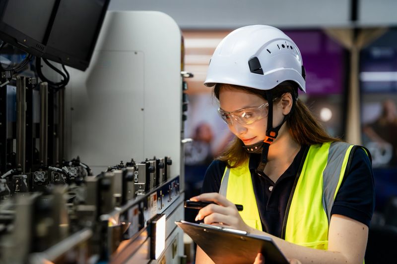 A woman in a yellow safety vest and a white helmet is examining a clipboard. Engineers operating machinery, inspecting production lines, and maintaining robotic arms in a modern factory.