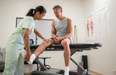 A person evaluating a knee injury before a chiropractic adjustment.