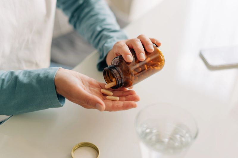 Close-up of an unrecognizable woman's hands holding a jar of capsules. Health concept.