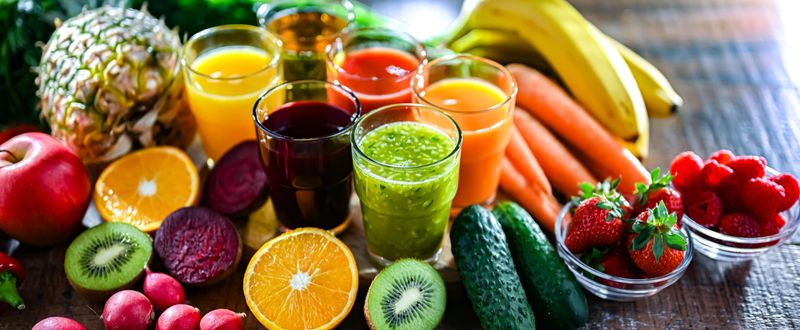 Glasses with fresh organic vegetable and fruit juices. Detox diet
