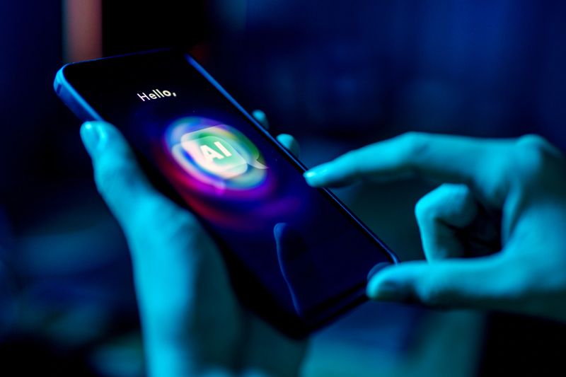 A person using a mobile phone to interact with an AI-powered chatbot, with the screen showing the word "AI" and vibrant neon lighting in blue tones.