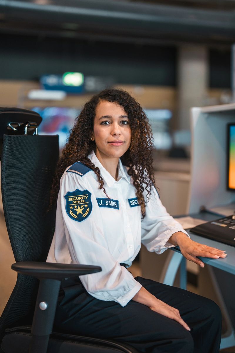 A young Hispanic female airport security officer in professional uniform sits confidently at a modern workstation indoors, showcasing focus and dedication in her role. The setting features sleek, contemporary design elements.
