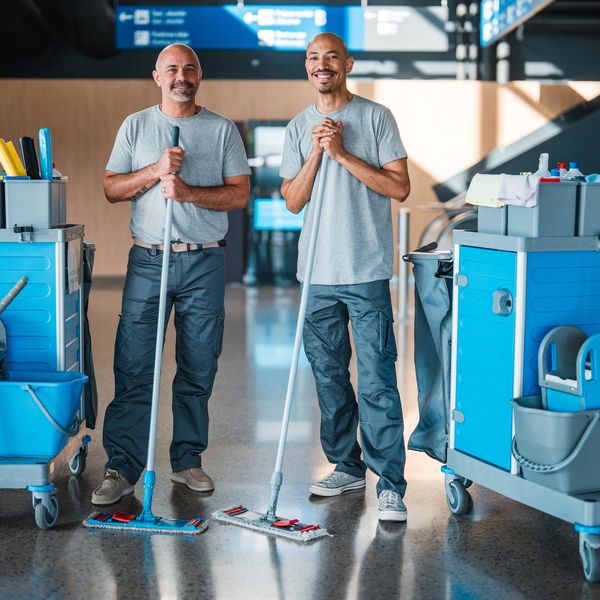 Two janitors smiling with cleaning tools in a modern building.
