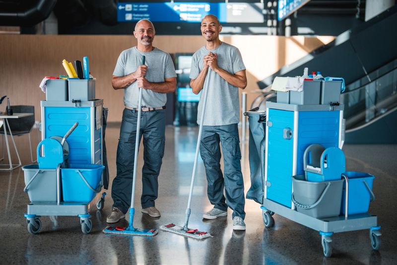 Two professional airport cleaners, a mature Caucasian male and a mid adult Hispanic male, stand with cleaning carts and mops in a bright, modern terminal. They appear focused and ready to work, showcasing teamwork and dedication.