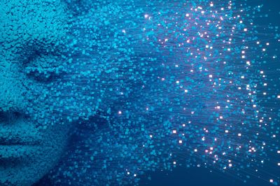 A face that is dissolving with binary silicon chips, with light blue flakes and mini lights