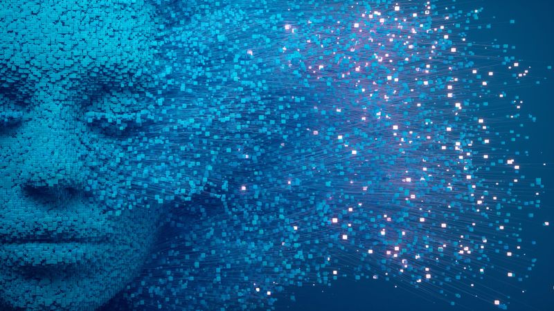 An abstract human face dissolves into a cloud of glowing cubes. The image illustrates concepts of data fragmentation, information flow, and technological change on a dark blue background.