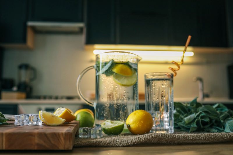 Fresh lemonade with mint, lemon, and lime in a glass pitcher and glass on a kitchen table with cutting board, ice cubes, and herbs. Cozy summer refreshment scene