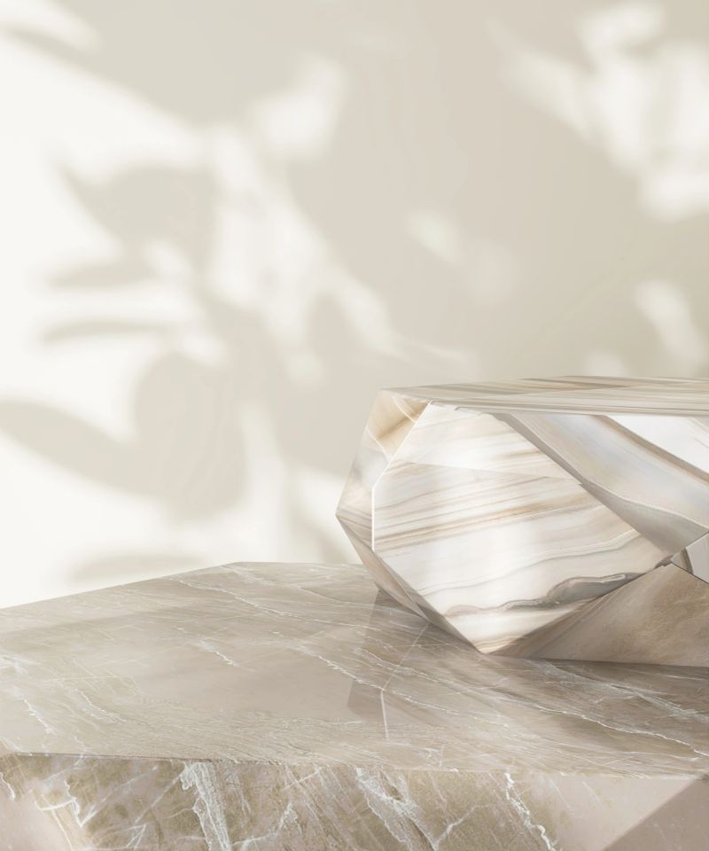 Two layers of white modern, minimal marble dodecahedron podium table in dappled sunlight, on cream wall for luxury, elegant fashion, beauty, cosmetic, skincare, body care product display background 3D