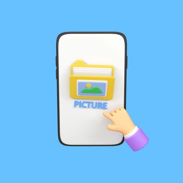 3D illustration of a hand touching a picture folder icon on a smartphone screen.