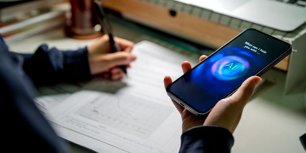Person using smartphone with AI assistant while writing notes.