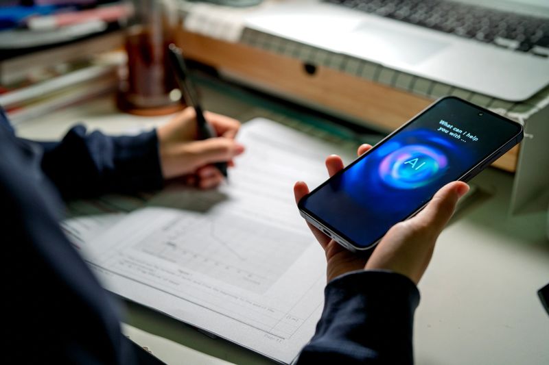 An Asian teenage student interacts with an AI chatbot on a smartphone while studying at a desk with a laptop, notes and stationery. The scene highlights modern learning and technology integration.