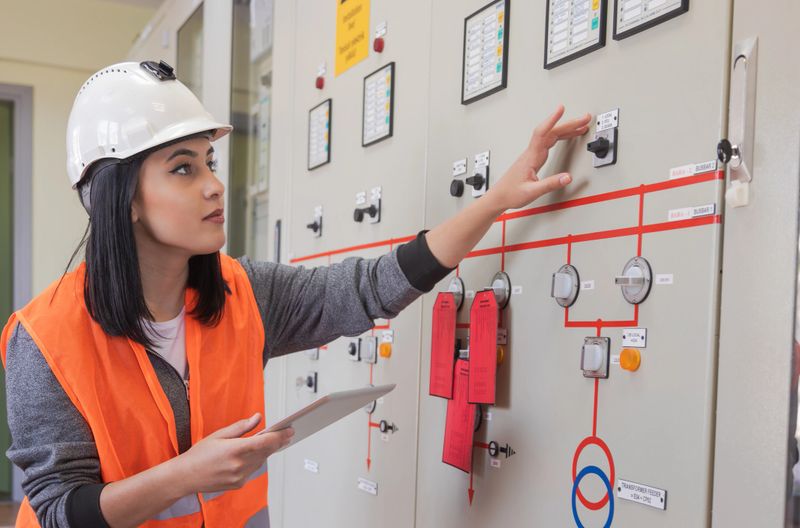 A young female engineer, wearing a white safety helmet and high-visibility orange vest, operates and monitors a sophisticated control panel in a renewable energy facility. She uses a digital tablet to check and record data while adjusting switches and controls for safe and efficient energy management. The image highlights the importance of women in engineering, occupational safety, smart technology integration, and the role of digital solutions and artificial intelligence in the maintenance and operation of modern clean energy systems