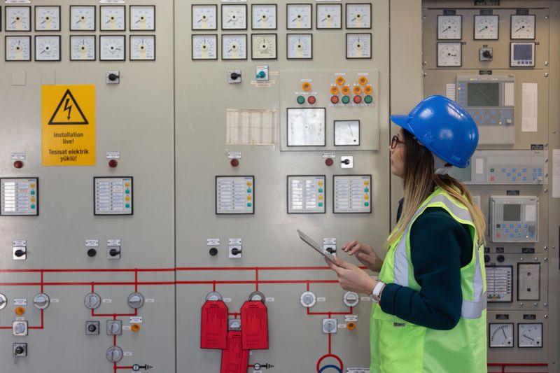 A young female engineer, wearing a blue safety helmet, high-visibility vest, and glasses, inspects a live electrical control panel in the operations room of a modern power station. She uses a digital tablet to monitor and record data while analyzing the dials, switches, and digital interfaces. The environment highlights advanced energy management, occupational safety, and the integration of smart technology for efficient and safe operations. This scene reflects the growing role of women in engineering, the importance of predictive maintenance, and the use of digital solutions and artificial intelligence in today’s renewable energy facilities