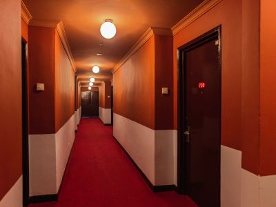 Long hotel corridor with dim lighting and red carpet.