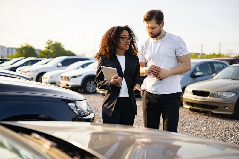 A female car dealer assists a male customer, discussing options near a row of vehicles on a sunny day.