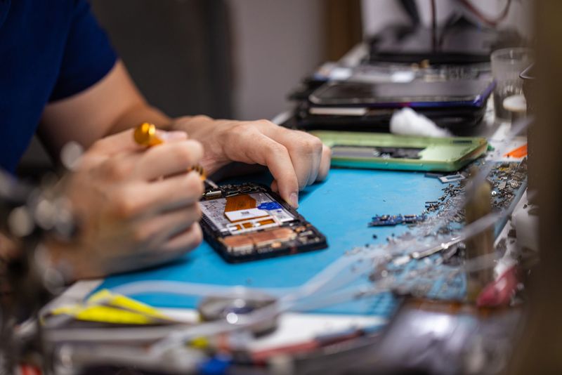 The steady hands of a young man are shown in sharp focus as he skillfully repairs a smartphone, using precision tools on a tech repair workbench.