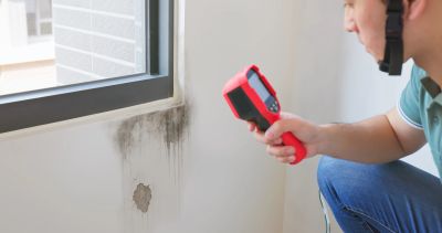Person checking wall dampness with a moisture meter.