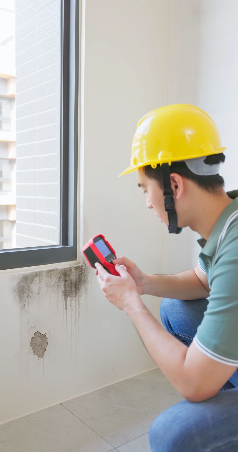 close up asian male home inspector is using thermal imager to check water leakage situation at window