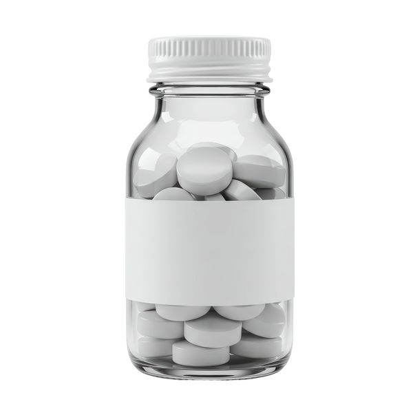 Clear bottle with white pills and blank label.