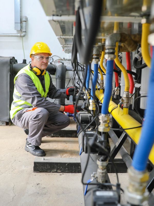 Industrial worker inspecting machinery with colorful pipes in a factory setting.
