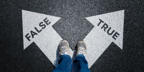 Person standing at a crossroads with arrows pointing to 'True' and 'False'.