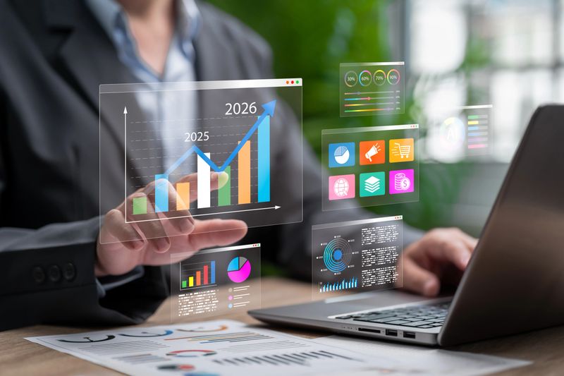 2026 Business Target with AI-Powered Analytics and Data Collection for Strategic Management, Businessmen use AI System Analyzing Market Trends,Enhancing Decision Making,Improving Operations, Financial