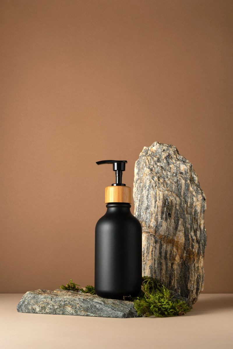 Minimal black cosmetic bottle mockup with bamboo pump cap on stone podium. Natural light and shadows on neutral background. Elegant, eco-friendly skincare branding concept.