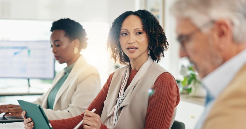 Finance, meeting and tablet with business people in office together for collaboration or planning, Accounting, investment or trading with employee team in workplace for financial or wealth management