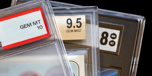 Close-up of graded collectible cards in protective cases.