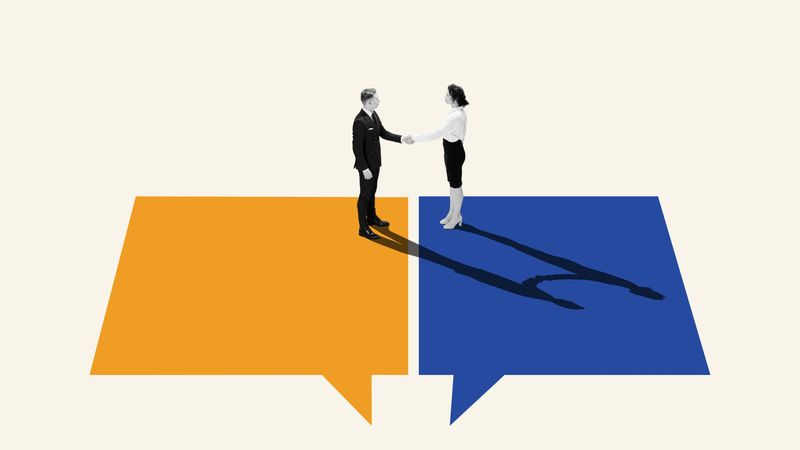 Collage of businessman and businesswoman shaking hands on colorful overlapping speech bubbles. Concept of business agreement, cross-functional alignment, corporate and professional partnership.