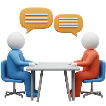 Two figures sitting and talking across a table with speech bubbles.