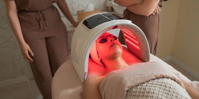 Woman receiving red light therapy treatment while wearing protective goggles.