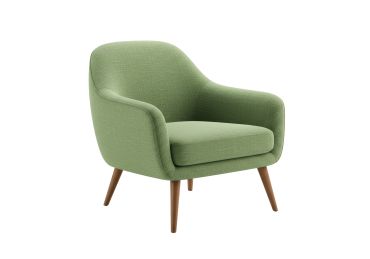 Green upholstered lounge chair with wooden legs.