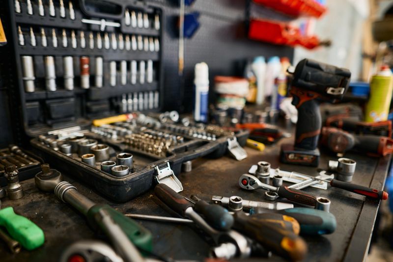 Workbench full of tools, including wrenches, screwdrivers, sockets, and a cordless impact wrench, suggests a busy and well-equipped workshop