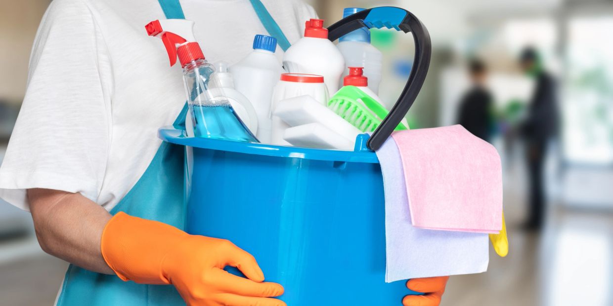 Person holding a bucket filled with cleaning supplies.