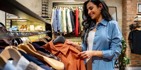 Woman shopping and smiling while holding an orange shirt in a clothing store.