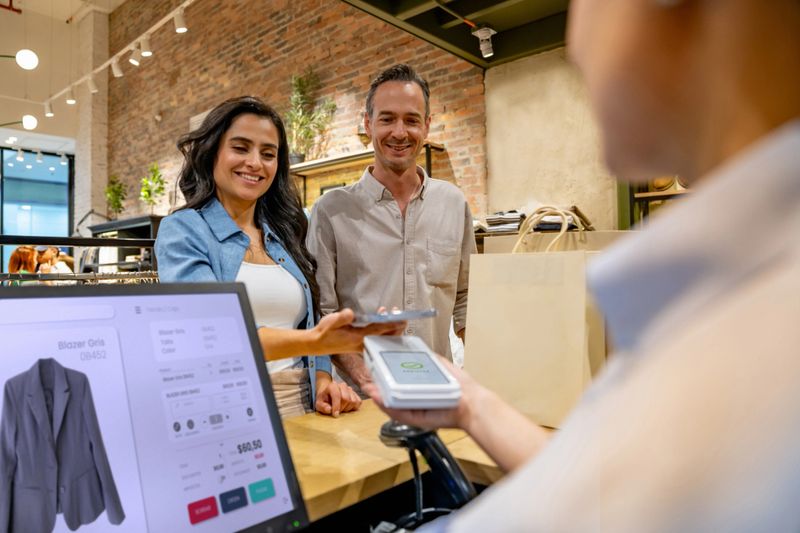 Happy Latin American couple shopping and making a mobile payment with their cell phone at a clothing store
