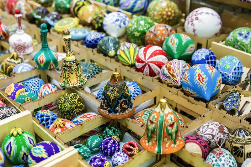 Colorful handcrafted ceramic ornaments and souvenirs on display at market in Samarkand, Uzbekistan, April 24, 2023