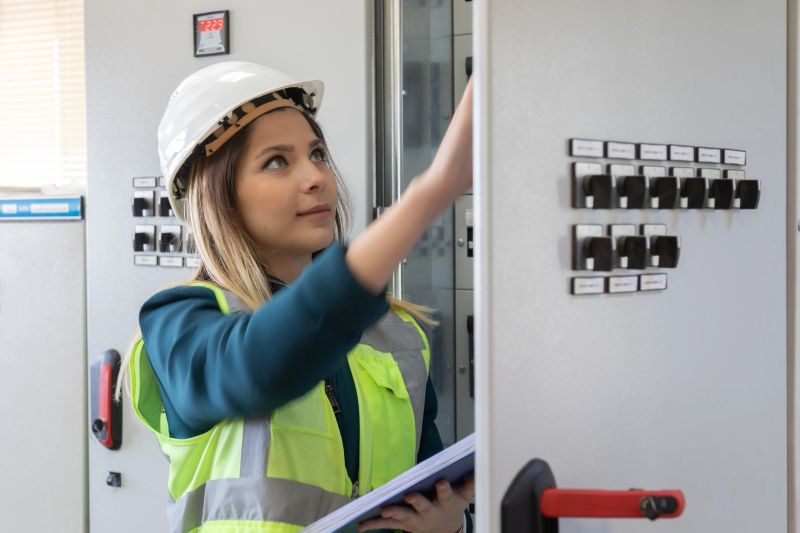 A young female electrical engineer, dressed in a high-visibility vest, hard hat, protective gloves, and safety attire, conducts a detailed technical inspection inside the advanced control room of a renewable energy facility. She carefully examines an open electrical panel filled with circuit boards and modern automation systems, holding a clipboard to record operational data and maintenance observations. The sophisticated technology and organized wiring emphasize the importance of accuracy, smart infrastructure, and preventive maintenance. Her focused expression highlights the vital contribution of women to engineering, as well as the role of digital documentation, artificial intelligence, and safety procedures for efficient, reliable, and sustainable energy production in today’s clean energy industry.