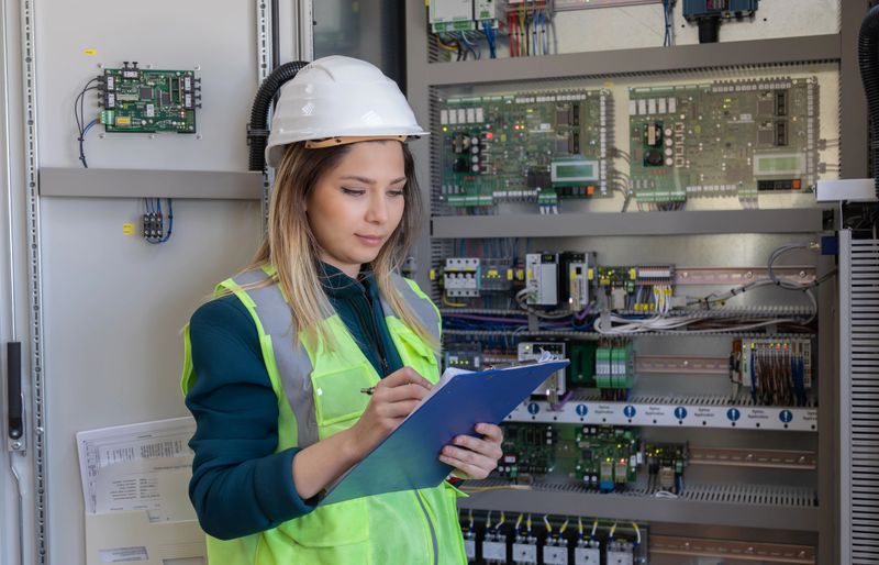 A professional young female engineer, wearing a white hard hat and neon safety vest, stands inside the high-tech control room of a renewable energy power station. She closely inspects an open electrical control panel and takes detailed notes on a clipboard, ensuring that the station’s advanced systems operate efficiently and safely. Surrounded by modern circuit boards, digital interfaces, and electrical infrastructure, she demonstrates the importance of women in engineering, technical expertise, and occupational safety within the clean energy industry. The scene highlights smart technology, predictive maintenance with artificial intelligence, and the critical role of accurate reporting for sustainable power generation and reliable energy management in renewable facilities